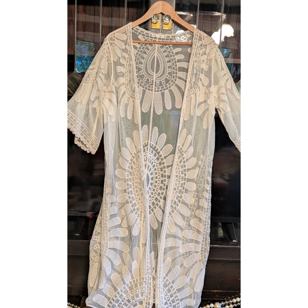 Rebellion Again Cream Lace Medallion Kimono Cardigan Small Boho Sheer Layering - Picture 4 of 9